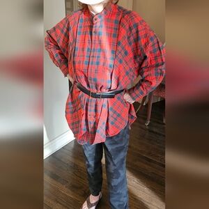 Chic Red Plaid Button-Up Blouse (No Belt) By Issey Miyake